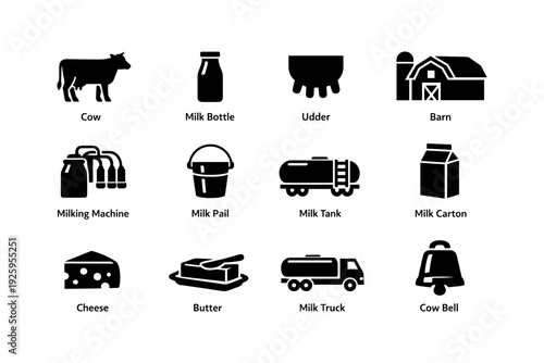 Silhouette icons of dairy farming equipment and livestock