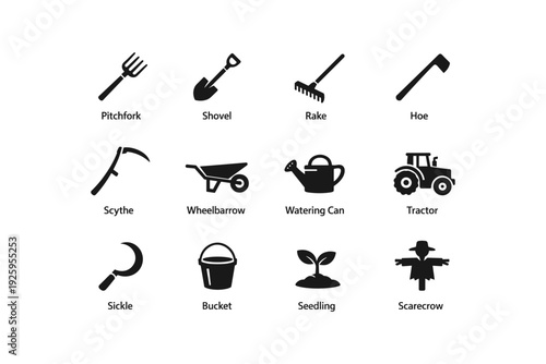 Silhouette icons of farm tools including pitchfork, shovel, rake, and tractor