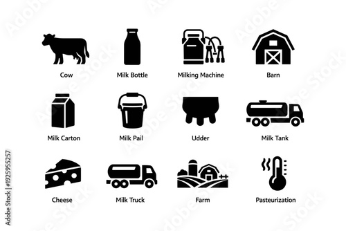 Dairy farming icons: cow, milking machine, milk bottle, barn, farm, cheese, pasteurization