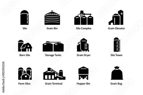 Agricultural storage icons: silo, grain bin, elevator, farm structures