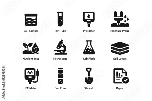 Soil testing equipment icons: test tube, ph meter, microscope, shovel, lab flask