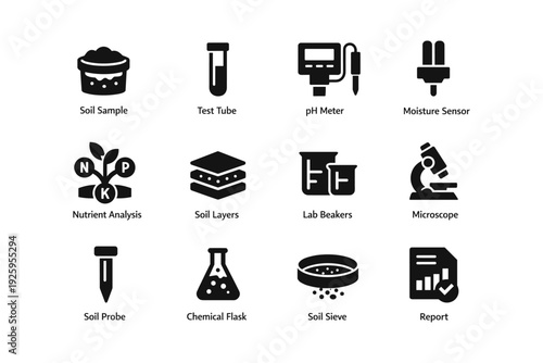 Soil testing tools icons: lab equipment, sensors, microscope, beakers