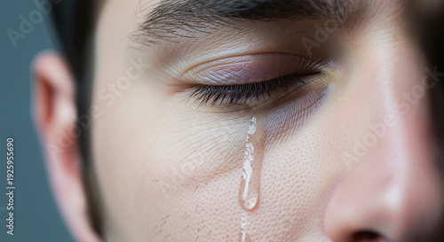 Close-up of a man's eye with a tear rolling down his cheek, expressing sadness and grief.