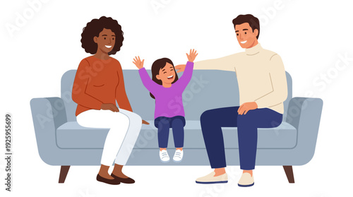 Joyful Multicultural Family Bonding on Sofa Illustration - Happy Parents and Child Together at Home