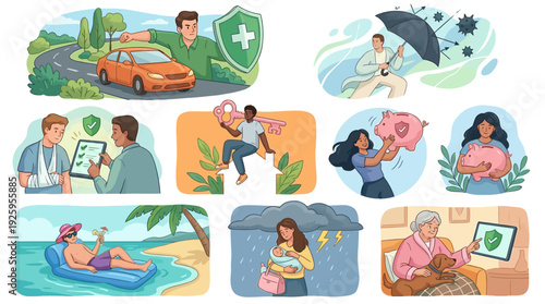 Comprehensive Insurance and Financial Protection Concepts: Car, Health, Home, Savings, Travel, Family, Retirement Security Illustrations