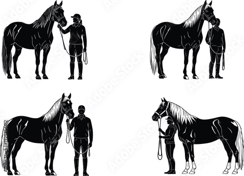 Horse and handler silhouettes collection isolated on white background, equestrian training vector illustration set