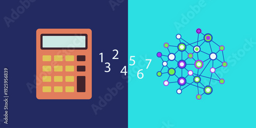 Vintage calculator neural network illustration. 1970s handheld calculator with numeric symbols flowing toward abstract AI neural network graphic. High contrast flat vector design.