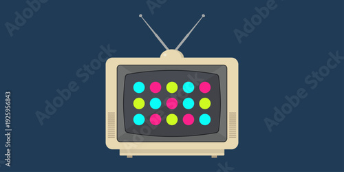 Retro television illustration. Bulky 80s TV set with antennas displaying a modern flat design user interface on the screen. Vibrant circular icons inside vintage frame. Flat retro futurism graphic.