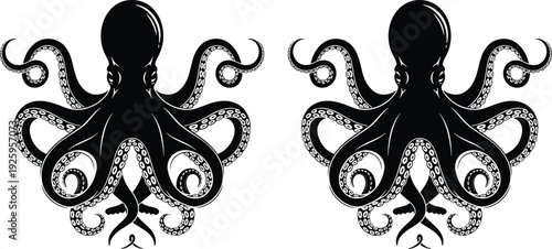 Two octopus silhouettes symmetrical design isolated on white background, detailed marine animal vector illustration artwork