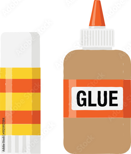 Glue stick and liquid glue vector illustration set with adhesive bottles, school and craft supplies isolated on white for education, DIY and stationery design