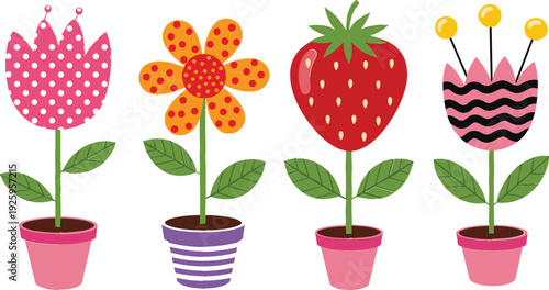 Cute potted flowers cartoon vector illustration set with colorful decorative plants and strawberry flower, playful floral characters for kids, nursery and cheerful design projects