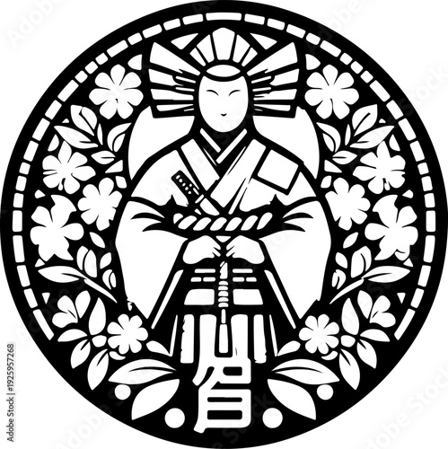 Detailed Graphic for Tattoo or Apparel Design Majestic Asian Woman Surrounded by Swirling Clouds and Traditional Ornaments