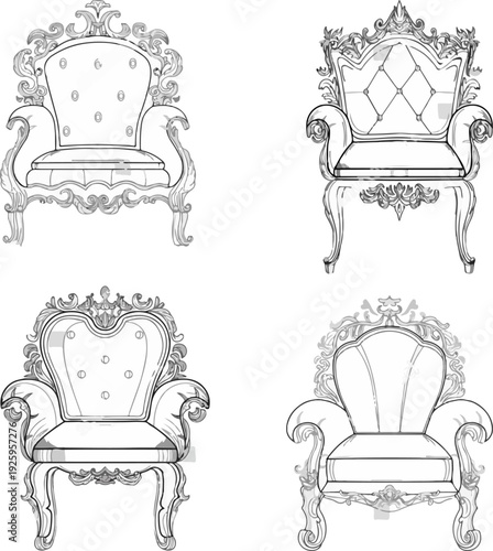 Detailed Gothic Furniture Sketch Set Showing Victorian Style Armchairs, Antique Sofas, and Dark Fantasy Interior Concept Art