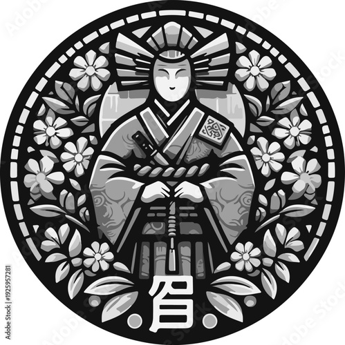 Detailed Graphic for Tattoo or Apparel Design Majestic Asian Woman Surrounded by Swirling Clouds and Traditional Ornaments