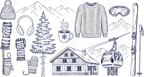 Winter mountain lifestyle vector illustration set with ski equipment, cable car, chalet, sweater, hot drink and cozy seasonal elements in hand drawn sketch style