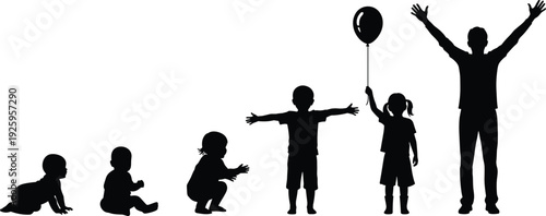 Silhouettes of human growth stages from crawling baby to joyful adult isolated on white background vector illustration