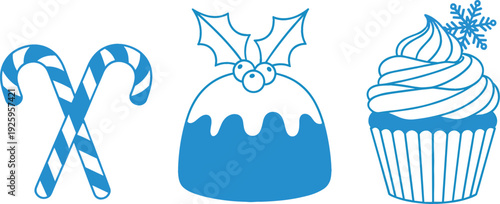Christmas dessert and candy icons vector illustration with candy canes, pudding and cupcake in blue monochrome style, festive winter sweets isolated on white for holiday design