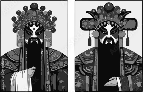 Detailed Illustration of Six Chinese Peking Opera Characters Showcasing Traditional Theater Makeup, Royal Costumes, and Cultural Heritage Design