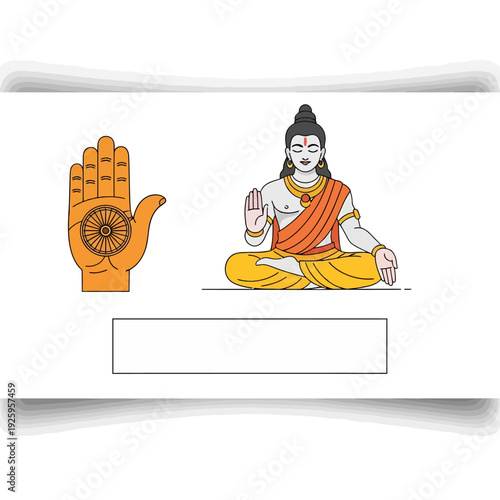 Mahavir Jayanti celebration illustration featuring Jain Tirthankara, meditation, spirituality, symbolism, and sacred gesture