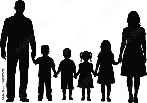Large family silhouettes holding hands isolated on white background, parents and multiple children unity vector illustration concept