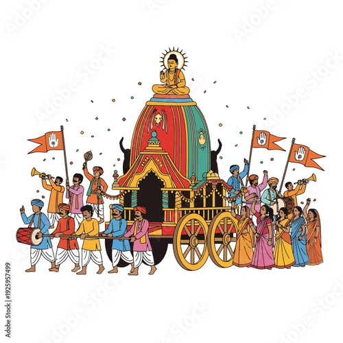 Vibrant Mahavir Jayanti procession with devotees pulling a colorful chariot, celebrating Jain festival with traditional attire and festive atmosphere