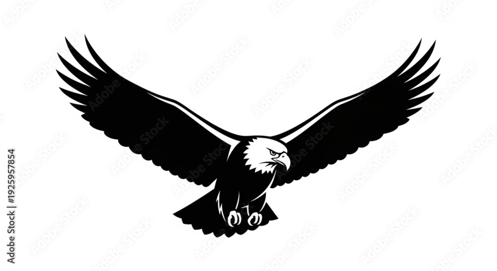 Fototapeta premium Black eagle silhouette flying with spread wings on white background symbolizing freedom and power