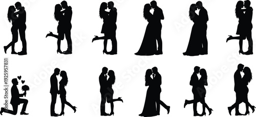 Romantic couple silhouettes collection isolated on white background, kissing hugging and proposal poses vector illustration set for wedding design