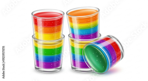 Rainbow layered shot glasses with colorful liquids stacked on white background for party