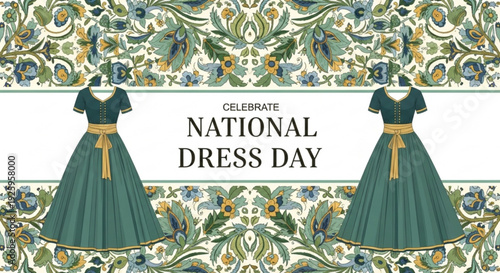 Green dresses with golden belts on mannequins celebrate national dress day floral patterns