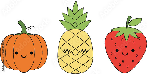 Cute smiling fruits and vegetables cartoon vector illustration with pumpkin, pineapple and strawberry characters, kawaii healthy food icons isolated on white for kids design