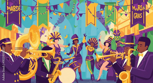 Mardi gras band performs with saxophones and dancers in colorful costumes on festive street