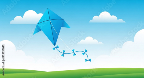 Vibrant blue kite soars through clear sky with fluffy clouds over green hills symbolizing freedom and joy in a serene outdoor setting