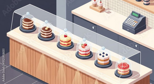 Assorted cakes on display behind glass counter in bakery with cash register