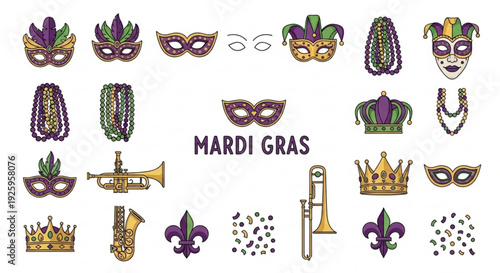 Mardi gras festive icons set with colorful masks crowns and musical instruments on white background for party decoration