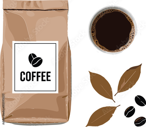 Coffee packaging vector illustration with paper bag, roasted coffee beans, leaves and cup, natural cafe branding and beverage concept isolated on white