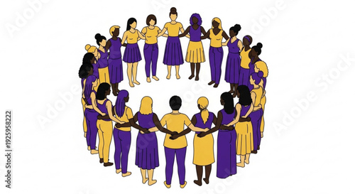 Diverse group of people standing in a circle holding hands unity and solidarity concept teamwork and community spirit purple and yellow