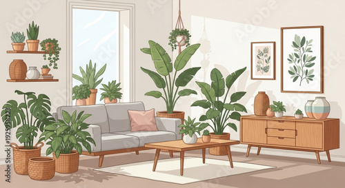 Cozy living room with numerous green plants gray sofa wooden furniture and natural light from a large window creating a serene indoor