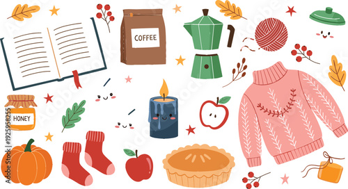 Cozy autumn lifestyle vector illustration set with sweater, coffee, candle, pumpkin, book and fall elements, warm hygge seasonal collection for home, decor and social design