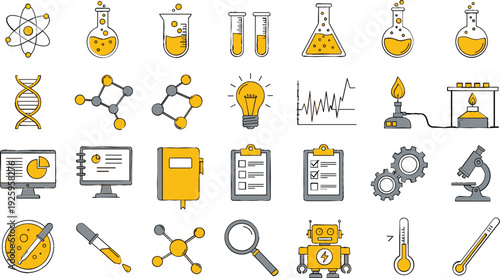 Science laboratory icons vector illustration set with chemistry, physics and biology symbols, research equipment, molecules and education elements for STEM, school and scientific design