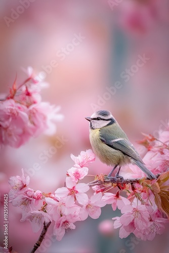 Wallpaper Mural Spring season, garden, flower, fresh, life. A bird perched atop a branch adorned with delicate pink cherry blossoms, set against a soft, blurred background. Torontodigital.ca