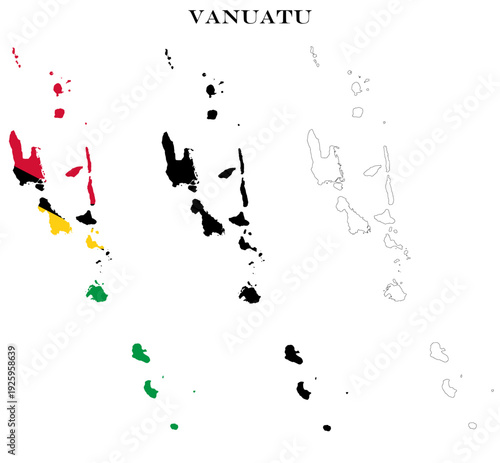 Vanuatu Country Maps Bundle with National Flag, Black Silhouette and Detailed Outline Contours