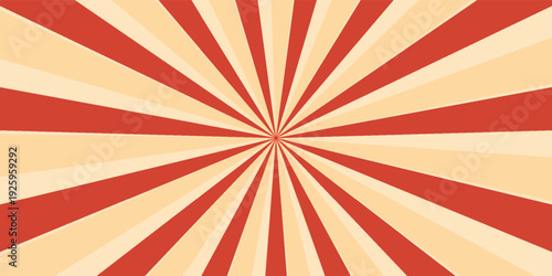 Retro red background with vintage circus sunburst. Psychedelic colorful swirl poster, abstract pattern in 70s carnival style. Hypnotic sunburst vector illustration.