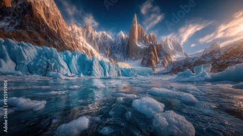 Wallpaper Mural Winter season adventure exploration. A breathtaking landscape of a glacier lagoon in Patagonia, Chile, bathed in the golden light of the setting sun. The majestic mountains, snowcapped peaks. Torontodigital.ca
