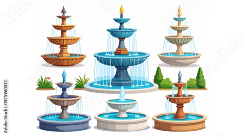 Decorative water fountain vector set with different garden and park fountain designs flowing water illustration collection