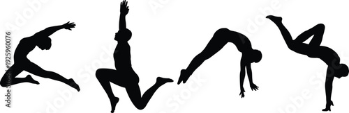 Gymnast silhouette set performing jump, split leap and handstand poses isolated on white background, dynamic athletic vector illustration for fitness and dance design