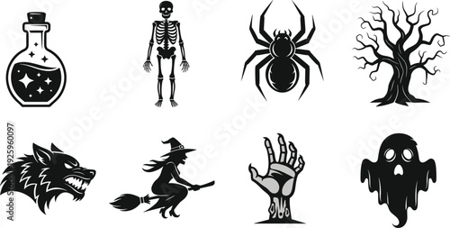 Halloween horror silhouettes set with skeleton, spider, ghost, witch, potion bottle, zombie hand, werewolf and spooky tree isolated on white background vector illustration