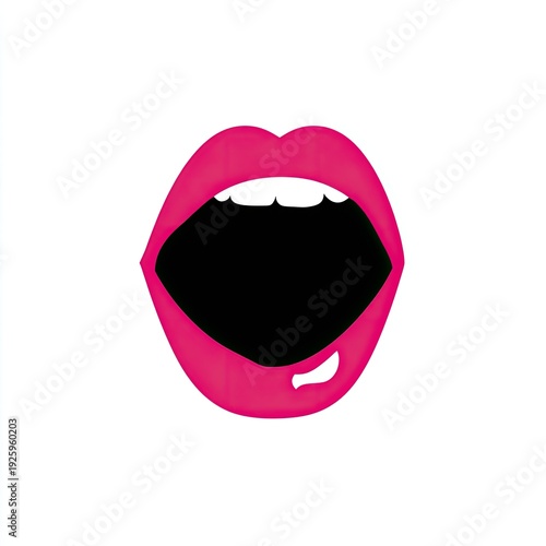 Vibrant pink lips open wide, revealing a deep black cavity