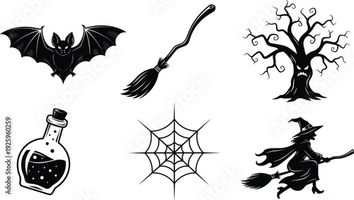 Halloween silhouettes set with bat, witch broom, spooky tree, potion bottle, spider web and flying witch isolated on white background vector illustration