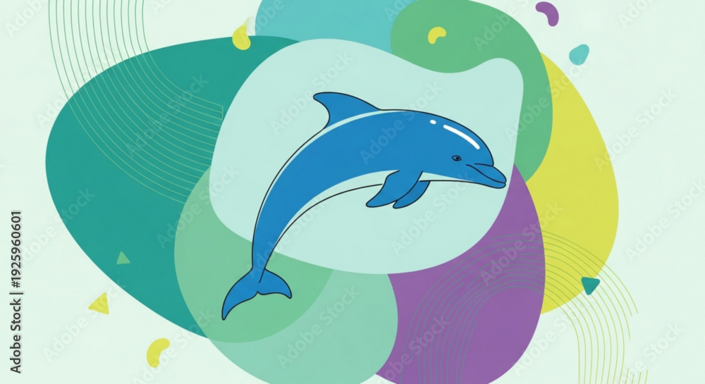 Obraz premium Vibrant blue dolphin swims through colorful abstract shapes and splashes