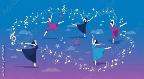 Ballet dancers in colorful dresses dancing with musical notes and stars on blue purple background